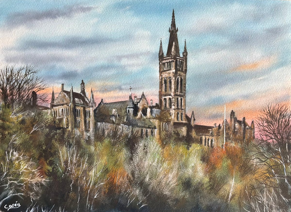 Photorealistic Watercolour , Glasgow University Under A Setting Sun By Darren Carey, 15 X 11, Artwork For Sale On Artfinder
