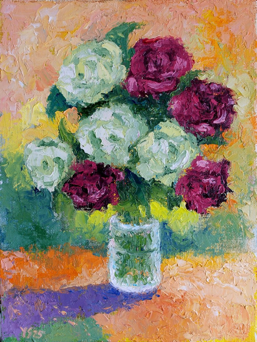 Expressive Botanical Oil Painting By Juri Semjonov, 12 X 16", White And Red Roses, Original Artwork