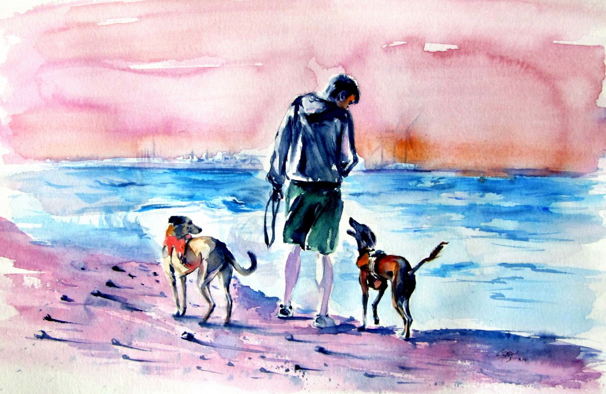 Walk with dogs on the beach by Kovacs Anna Brigitta