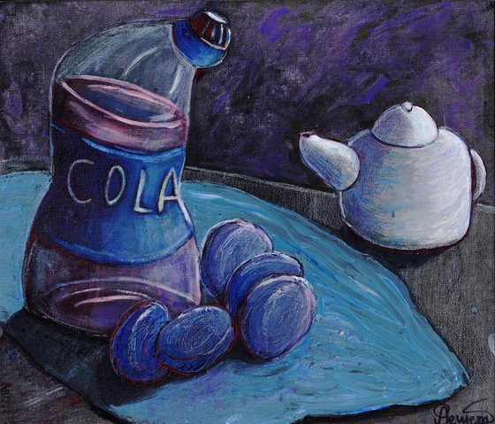 Plums, cola and teapot.