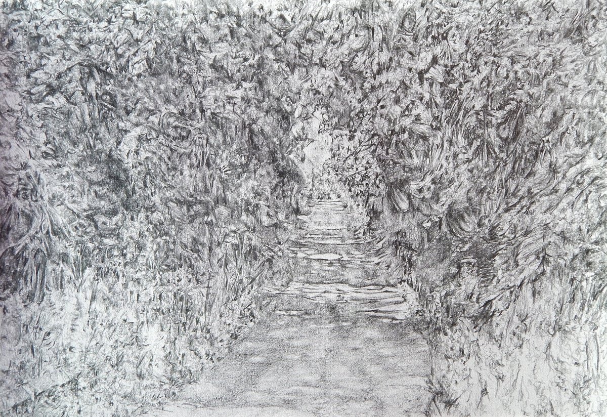 Impressionistic Landscape Pencil Drawing By Richard Freer, 17 X 11", Stick To The Path, Original Artwork