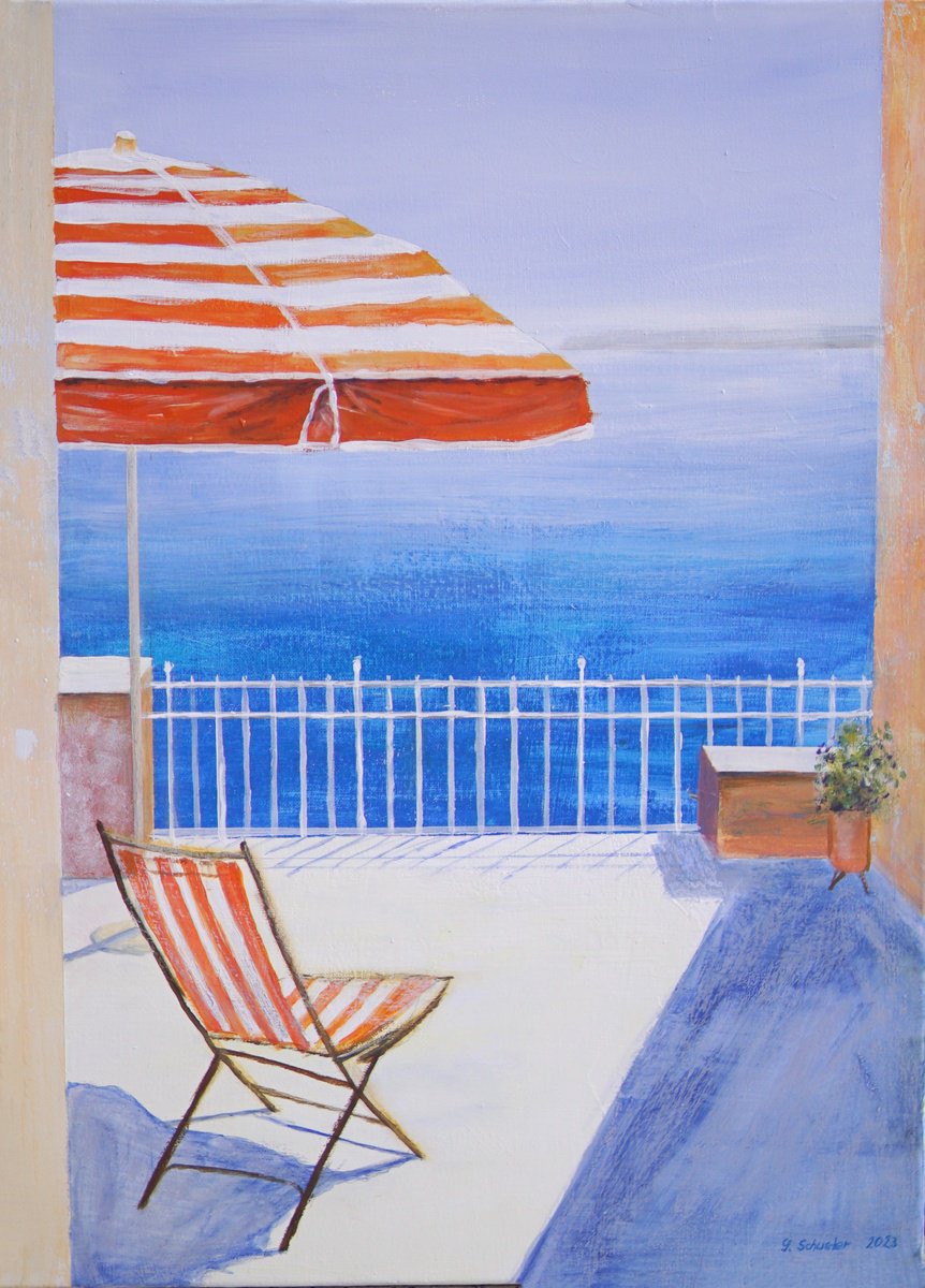 Impressionistic Landscape Acrylic Painting By Yulia Schuster, 20 X 28", Seaside Serenity, Original Artwork