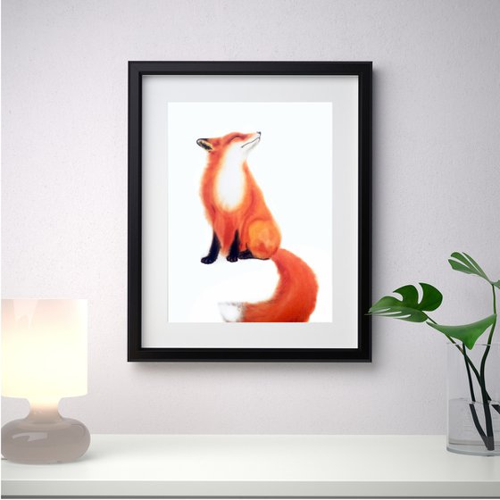 Red Fox - foxy - fox portrait - fox watercolor - fox looks upwards