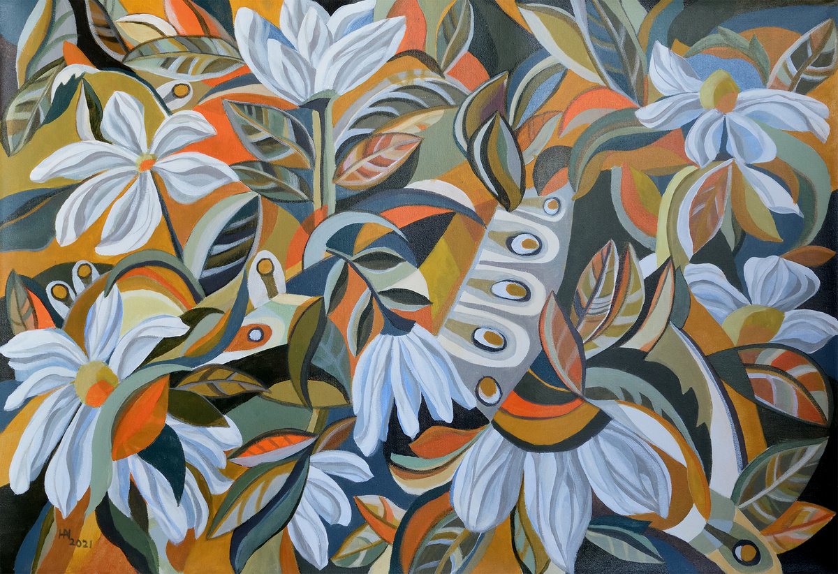 Organic Abstract Acrylic Painting By Aniko Hencz, 40 X 28, Peacock Hiding In The Flower Garden, Original Artwork