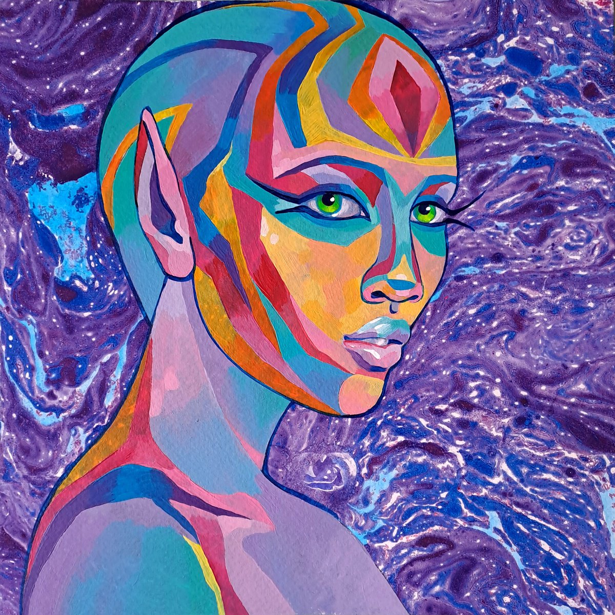 Abstract Portrait Acrylic Painting By Mariia Raskin, 10 X 10", Space Beauty, Original Artwork