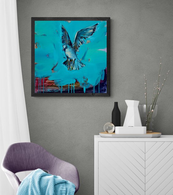 Bright painting - "Flying seagull" - Pop Art - Bird - Sea - Ocean - Sunset