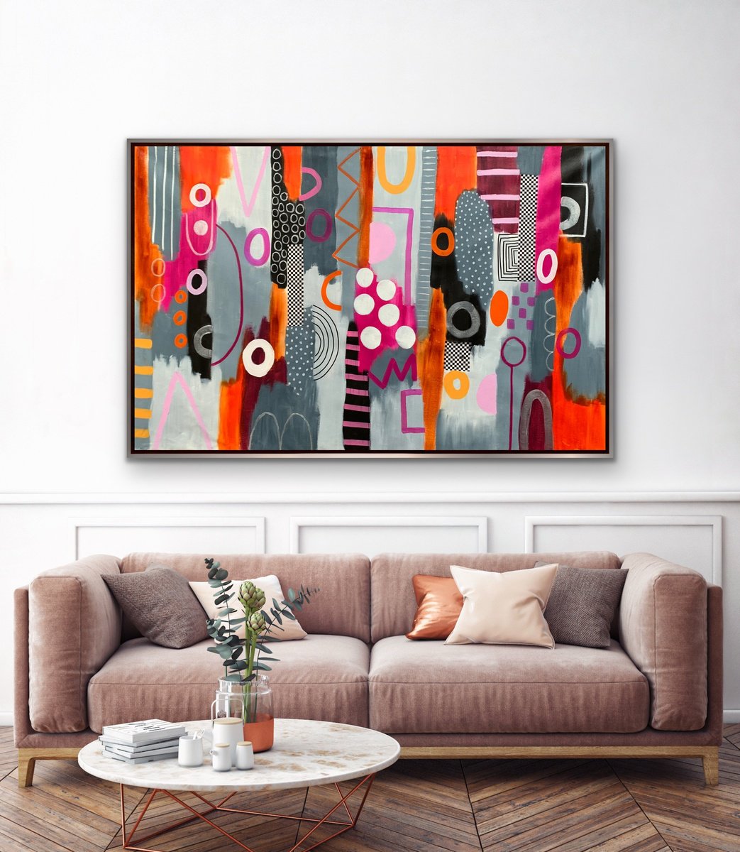 Organic Abstract Acrylic Painting By Rashna Hackett, 55 X 36", Fuchsia Drenched In Rain, Original Artwork