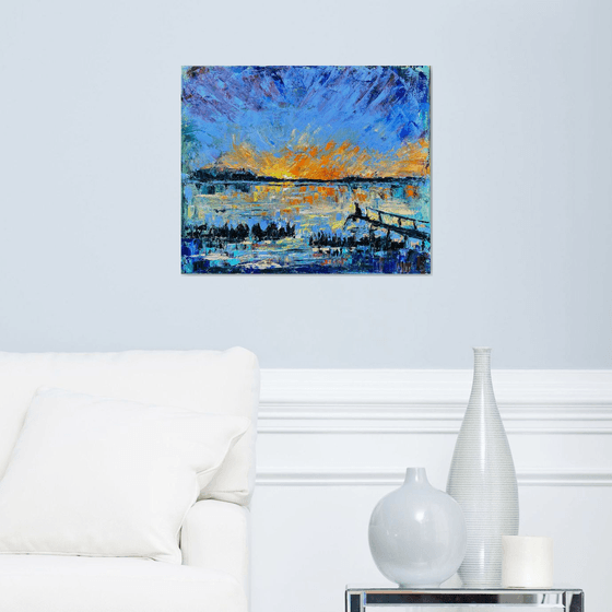 Sunset - You are never alone, 50*60cm, impressionistic landscape oil painting in orange and blue ultramarine