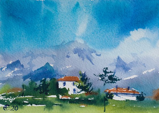 View of Alpes with houses and green. Mini watercolor painting cute landscape sky impressionistic nature blue mountains