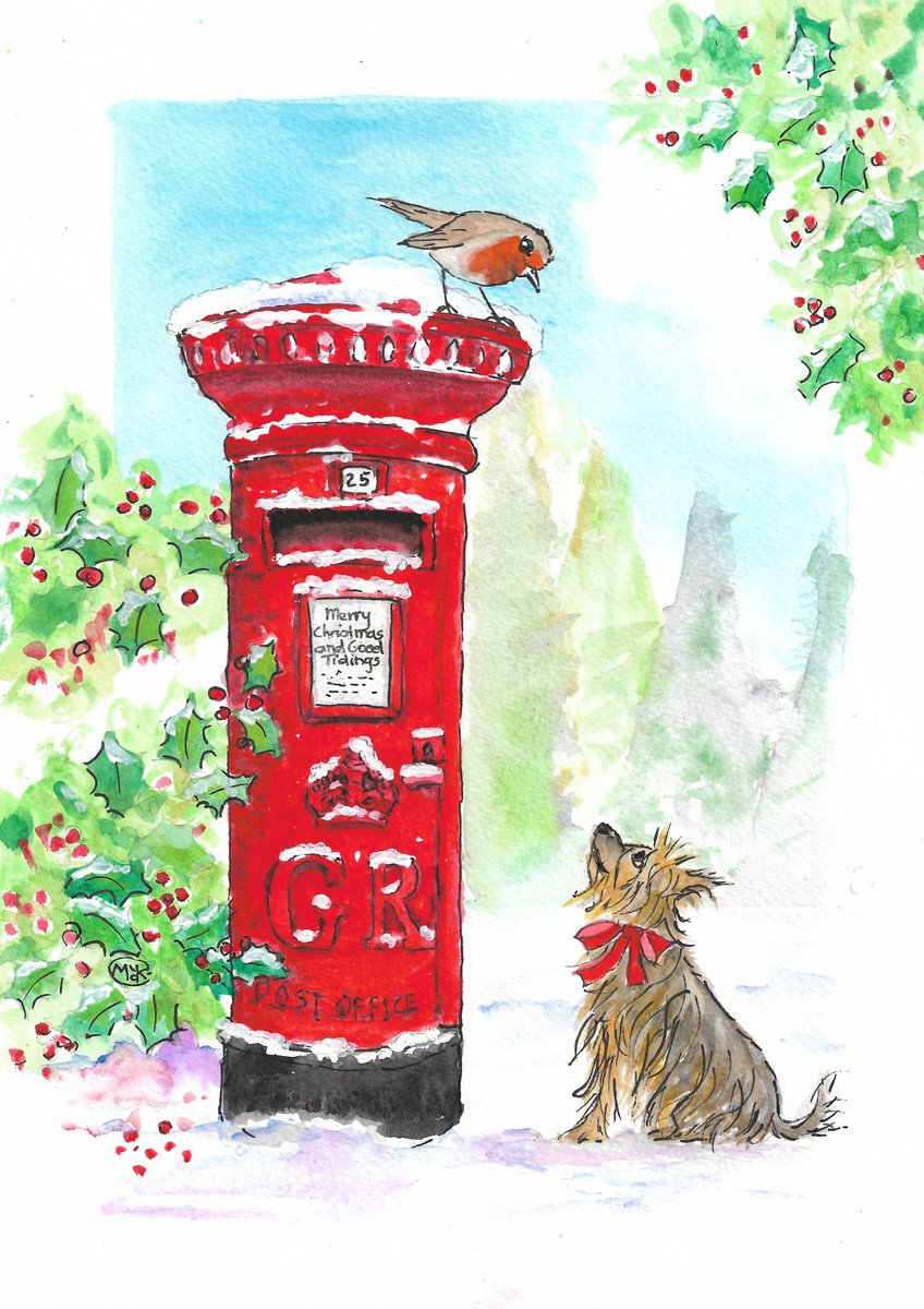 Impressionistic Animal Painting By Marjansart, 8 X 12", Red Mailbox At Christmas, Original Artwork