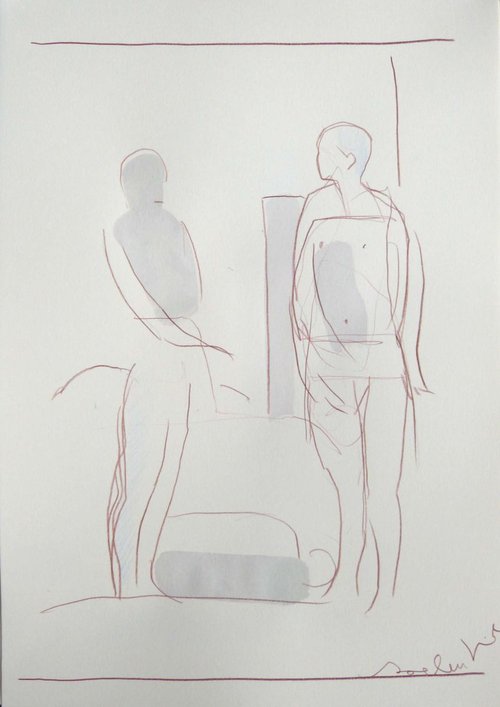 Interior scene - The Couple, ink and pencil on paper 29x42 cm by Frederic Belaubre