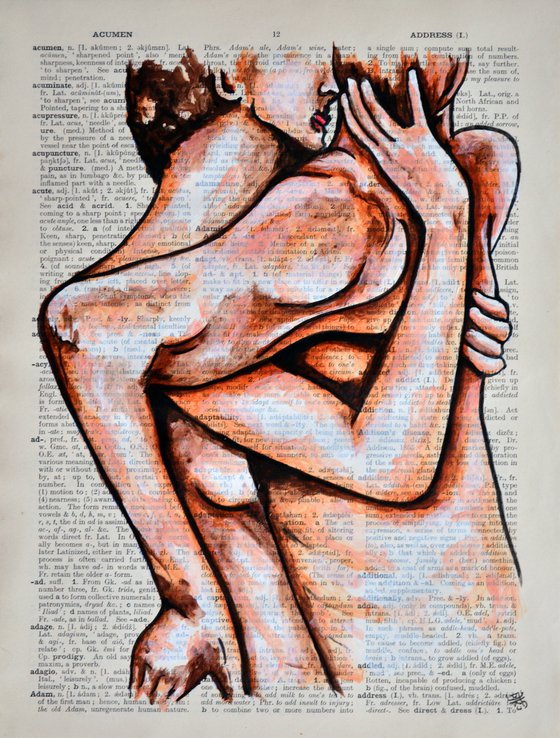 Lovers - Original Painting Collage Art On Large Real English Dictionary Vintage Book Page