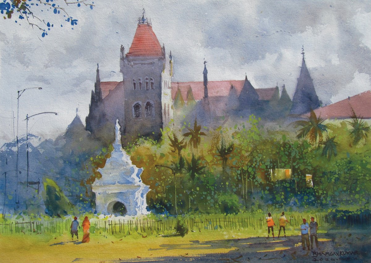 Impressionistic Cityscapes Watercolour By Bhargavkumar Kulkarni, 17 X 12, Flora Fountain, Mumbai, Original Artwork