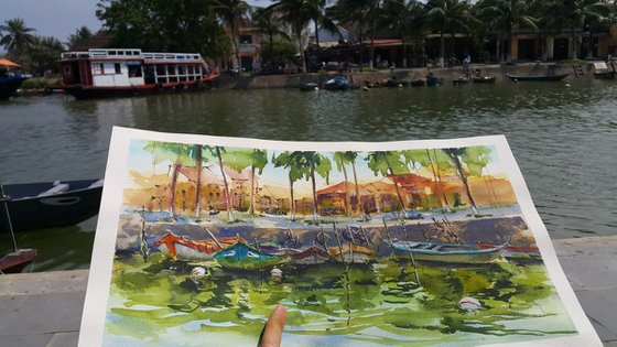 Watercolor landscape with fishing boats. "Seafront in Hoi An. Vietnam"