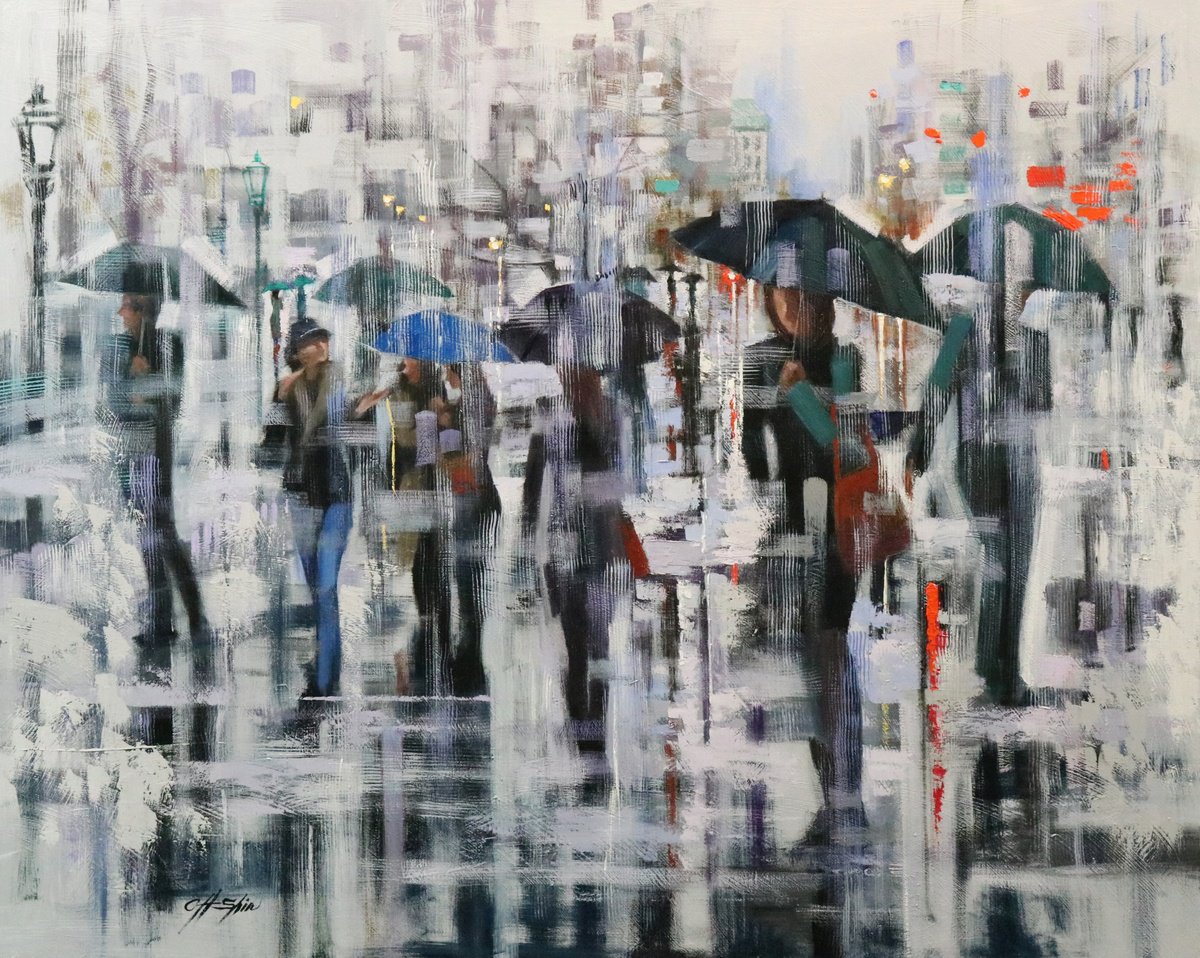 Expressive Cityscapes Oil Painting By Chin H Shin, 60 X 48, Winter Walkers 3, Original Artwork