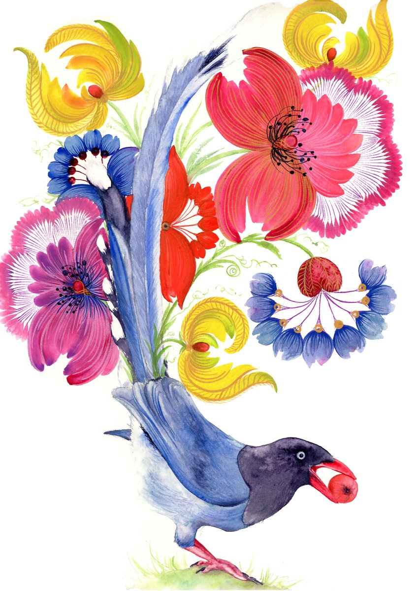 Magpie flower feast - blue magpie tail decorated with luxurious flowers by Tetiana Savchenko