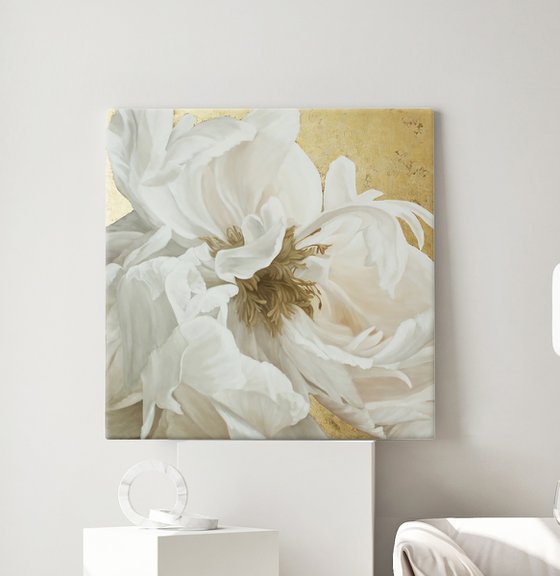 "Silk Flowers 3" White and gold peonies art