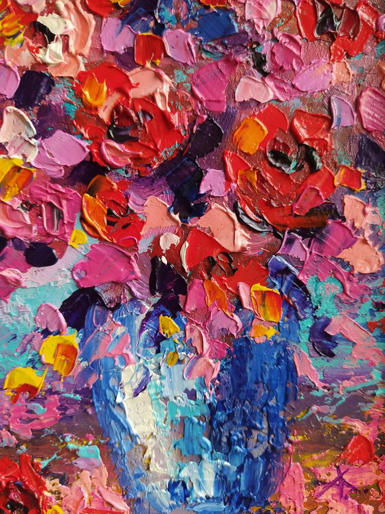 Red tint of flowers - painting, framed, flowers oil painting, bouquet, flowers, impressionism, palette knife, gift.