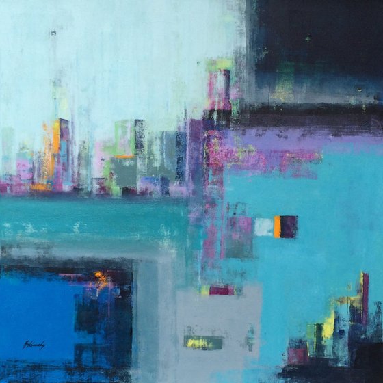 Two Cities - 100 x 100 cm abstract cityscape painting