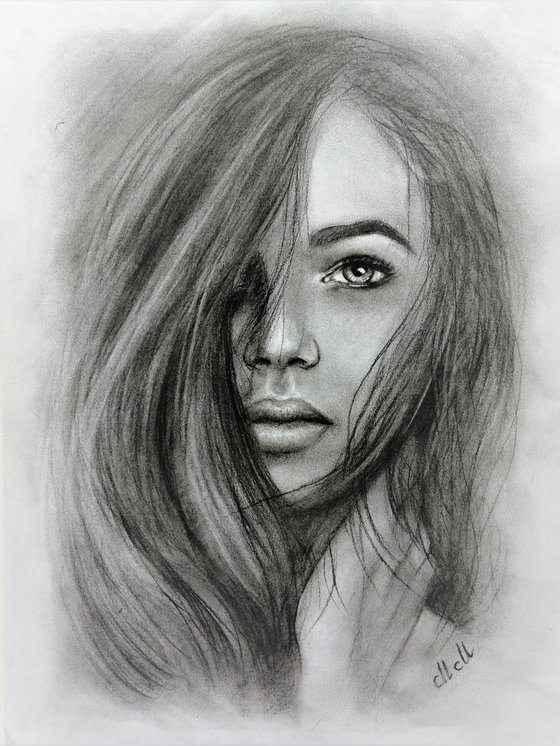 Beautiful woman - original charcoal portrait drawing