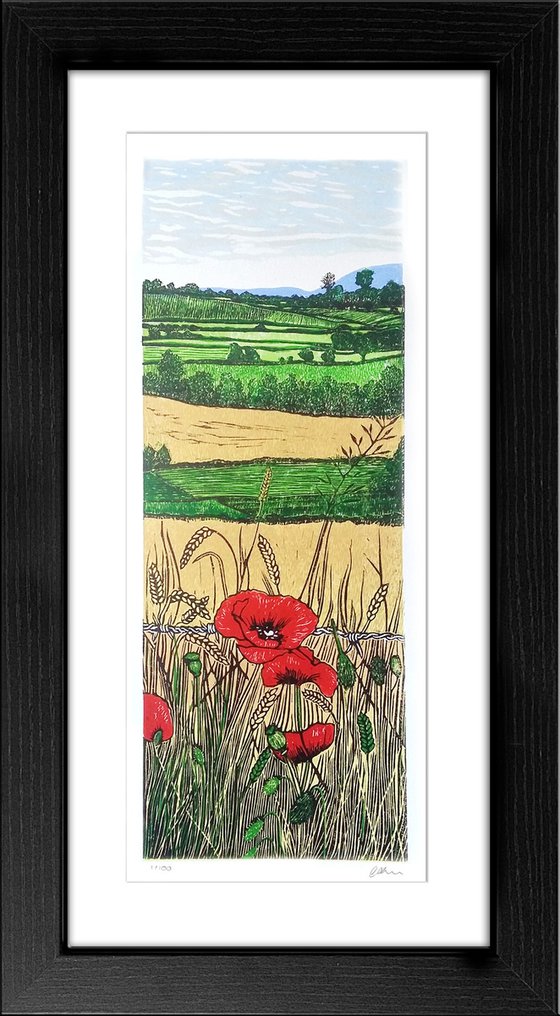 Poppies in the corn (framed and ready to hang - landscape linocut)