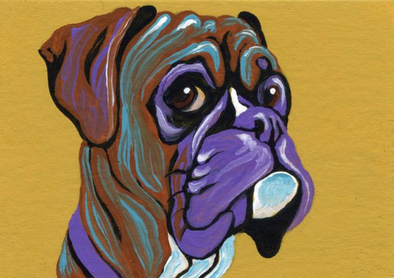 ACEO ATC Original Miniature Painting Colorful Boxer Pet Dog Art-Carla Smale