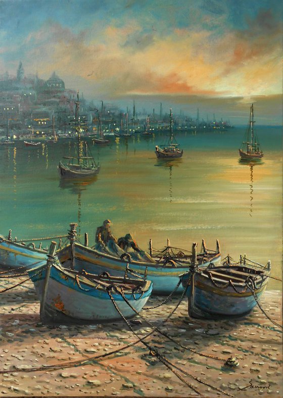 THE HARBOR IN MY MEMORY, oil on canvas,  SPECIAL DISCOUNT,  boats, seascape