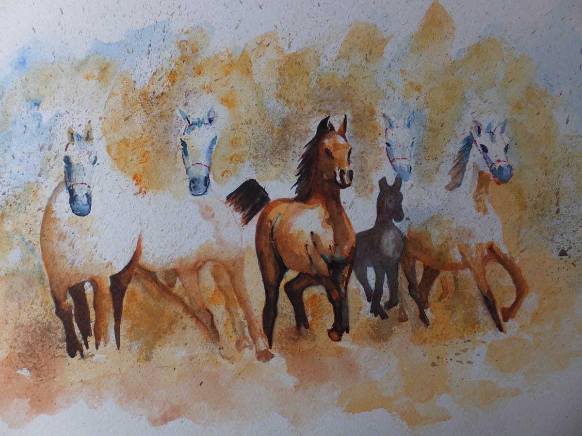 Impressionistic Animal Watercolour By David Harmer, 20 X 16, Horses Out Of The Mist, Original Artwork