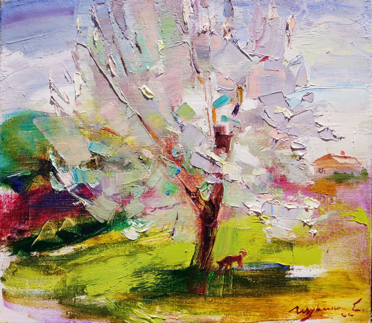Warm day Blossoming Original oil painting by Helen Shukina