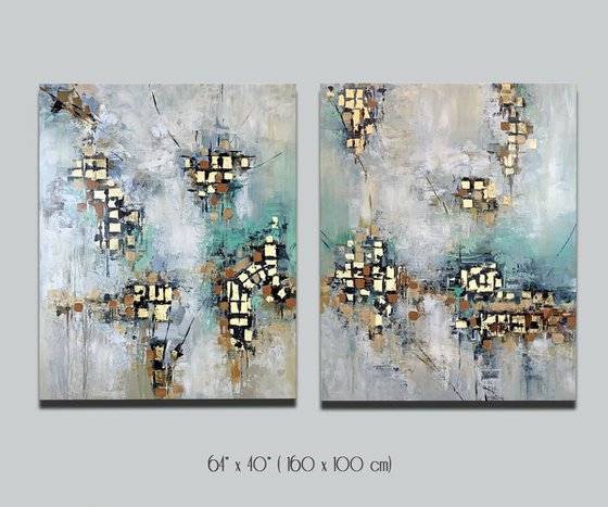 Somewhere New - 64" x 32" Abstract Painting, Set of Two Paintings, Multi Panel Abstract, ORIGINAL Painting, Gold Leaf Painting, Black and Gold, Large Art