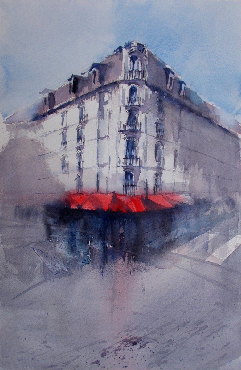 Impressionistic Cityscapes Watercolour By Giorgio Gosti, 14 X 21, Parisian Cafe 7, Original Artwork