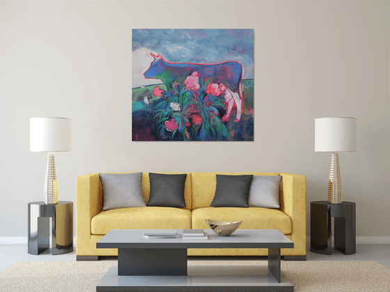 Neon Cow and Peony Bush