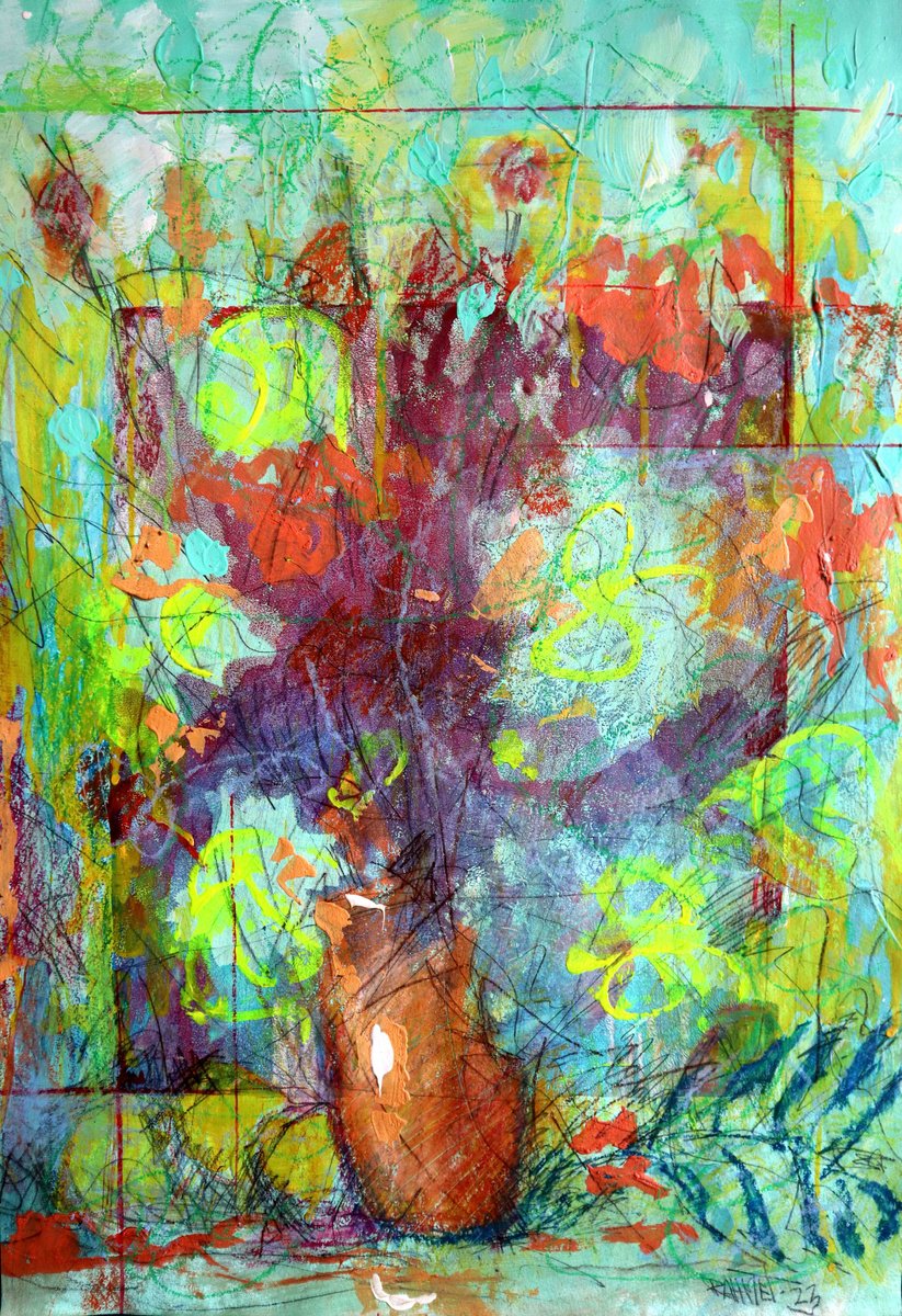 Impressionistic Botanical Acrylic Painting By Rakhmet Redzhepov, 17 X 23", Fantasy With Flowers 114, Original Artwork