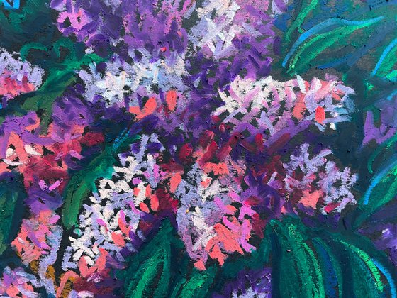 Lilac Flowers Oil Pastel Painting, Floral Original Drawing, Purple Gift for Her, Spring Floral Wall Art