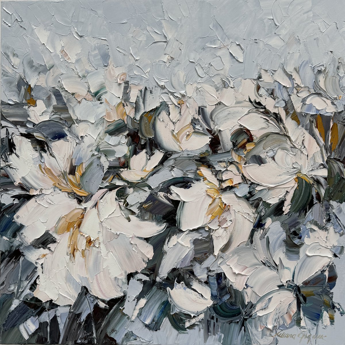 Impressionistic Botanical Oil Painting By Liliana Gigovic, 36 X 36", White Magnolia No 33, Original Artwork