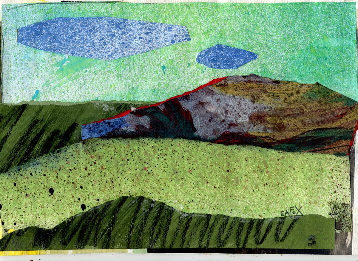 Abstract Landscape Collage By Elizabeth Anne Fox, 12 X 8, Evening Green Sea, Original Artwork
