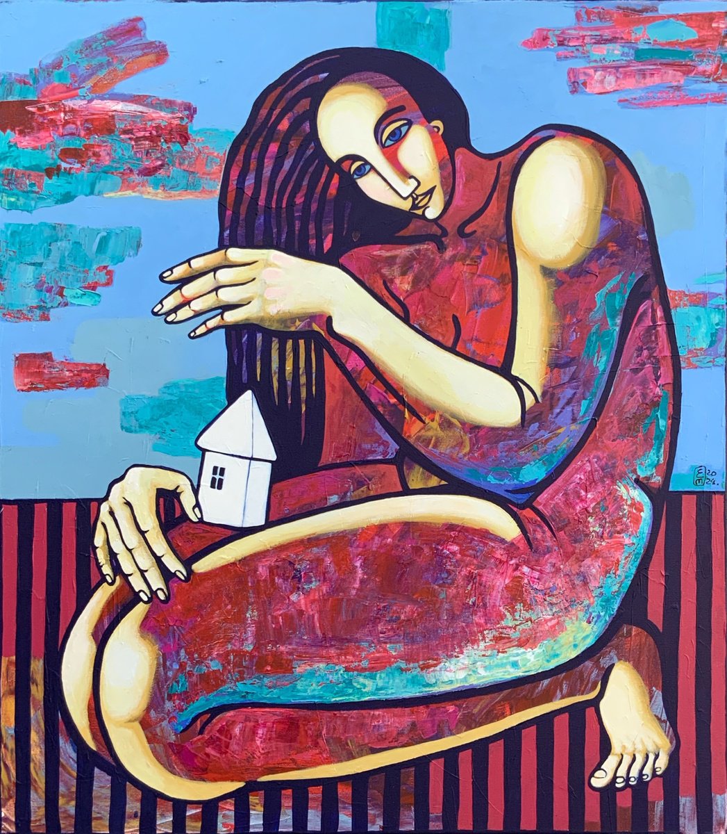 Naive Portrait Acrylic Painting By Elena Tomilova, 28 X 31, A Game, Original Artwork