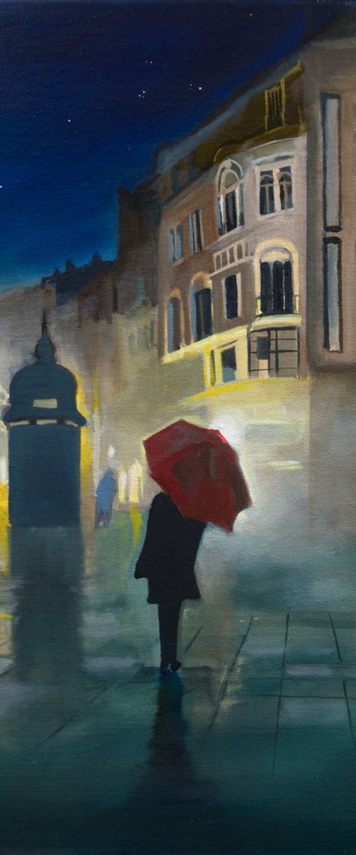 Night in the city with a red umbrella painting by Gordon Bruce