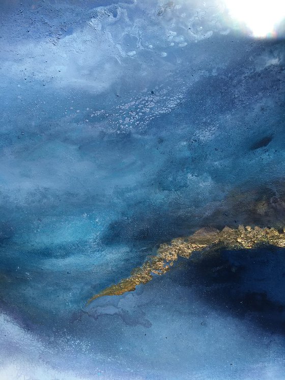 "Sapphire sky" abstract seascape dreamy atmospheric  mountains blue turquoise and gold leaf