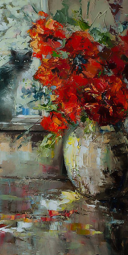 'Bouquet of Red Flowers and the Cat' by Ewa Czarniecka