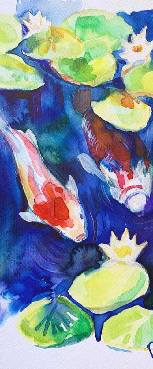 Water lilies with koi fish by Olga Pascari