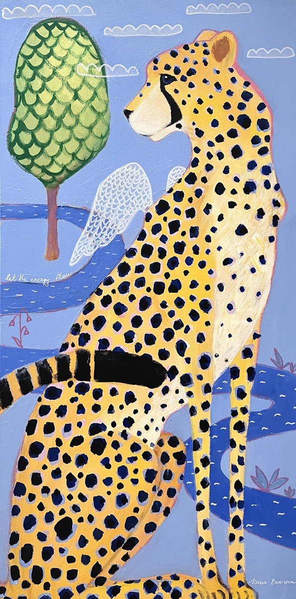 Surrealistic Animal Acrylic Painting By Daria Borisova, 18 X 36, Celestial Blue, Original Artwork