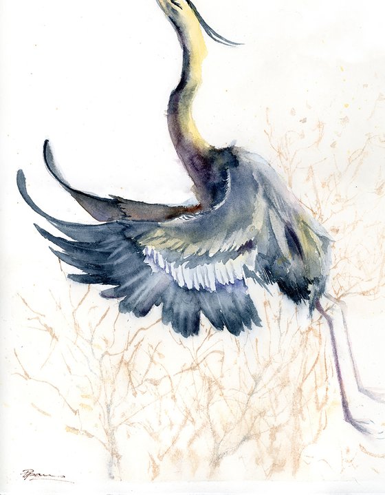 Flying Heron  -  Original Watercolor Painting