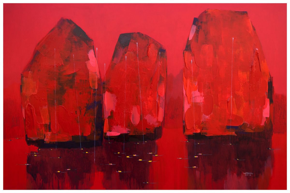 Impressionistic Landscape Acrylic Painting By The Khanh Bui, 47 X 31", Red In Halong Bay No.3, Original Artwork