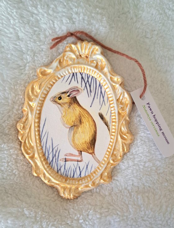 Fawn hopping mouse, part of framed animal miniature series "festum animalium"