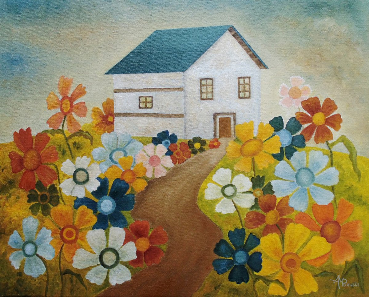 Impressionistic Landscape Oil Painting By Angeles M. Pomata, 16 X 13, Fenced By The Joy, Original Artwork