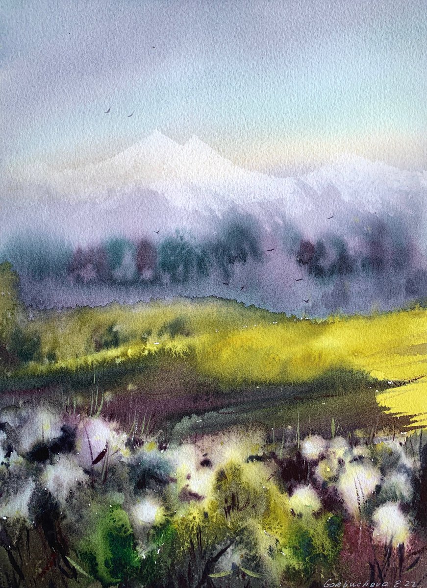 Impressionistic Watercolour , Flowers And Mountains #2 By Eugenia Gorbacheva, 9 X 12, Artwork For Sale On Artfinder