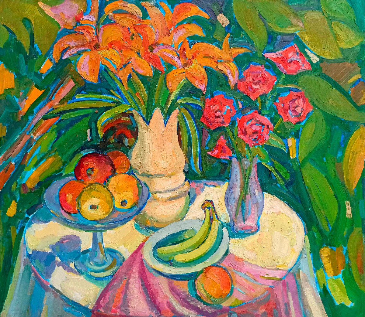Impressionistic Still Life Oil Painting By Peter Tovpev, 31 X 28", Still Life With Lilies, Original Artwork