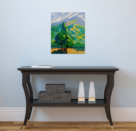Alone tree (45x55cm, cubism, oil painting, ready to hang)