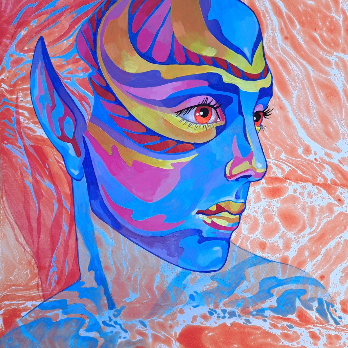 Abstract Portrait Acrylic Painting By Mariia Raskin, 10 X 10", Water Spirit, Original Artwork